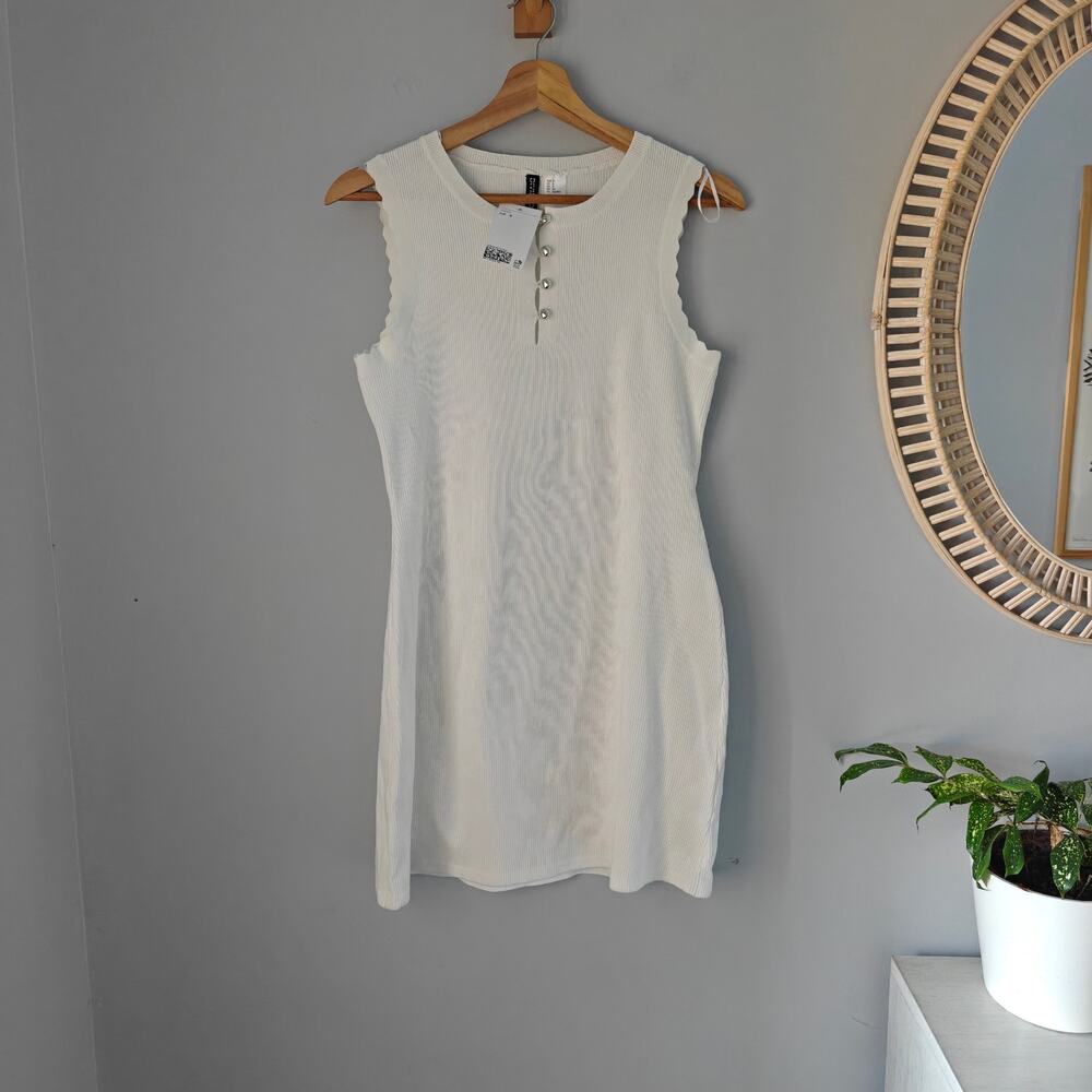 H&M Ivory Ribbed Knit Sleeveless Henley Mini Dress NWT Buttons Size S